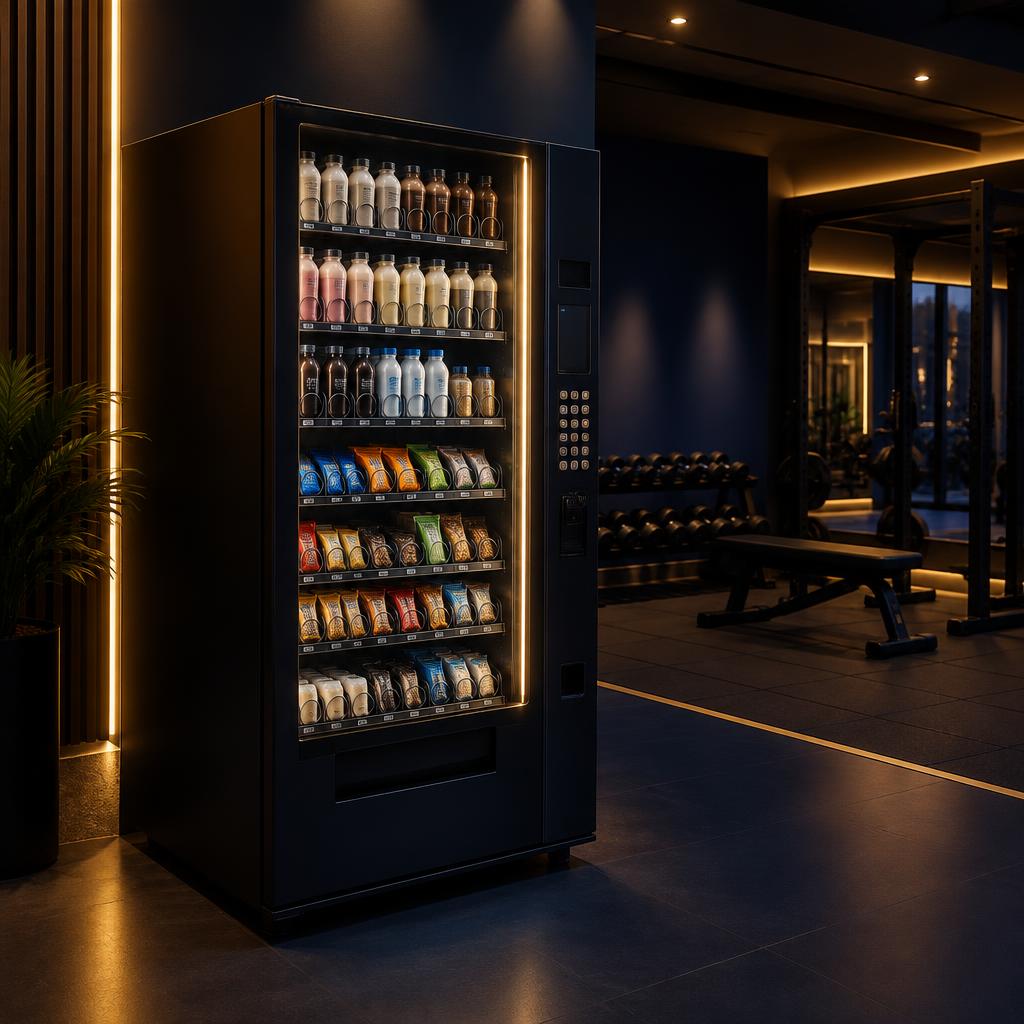 Tall vending machine with protein drinks beside a gym floor